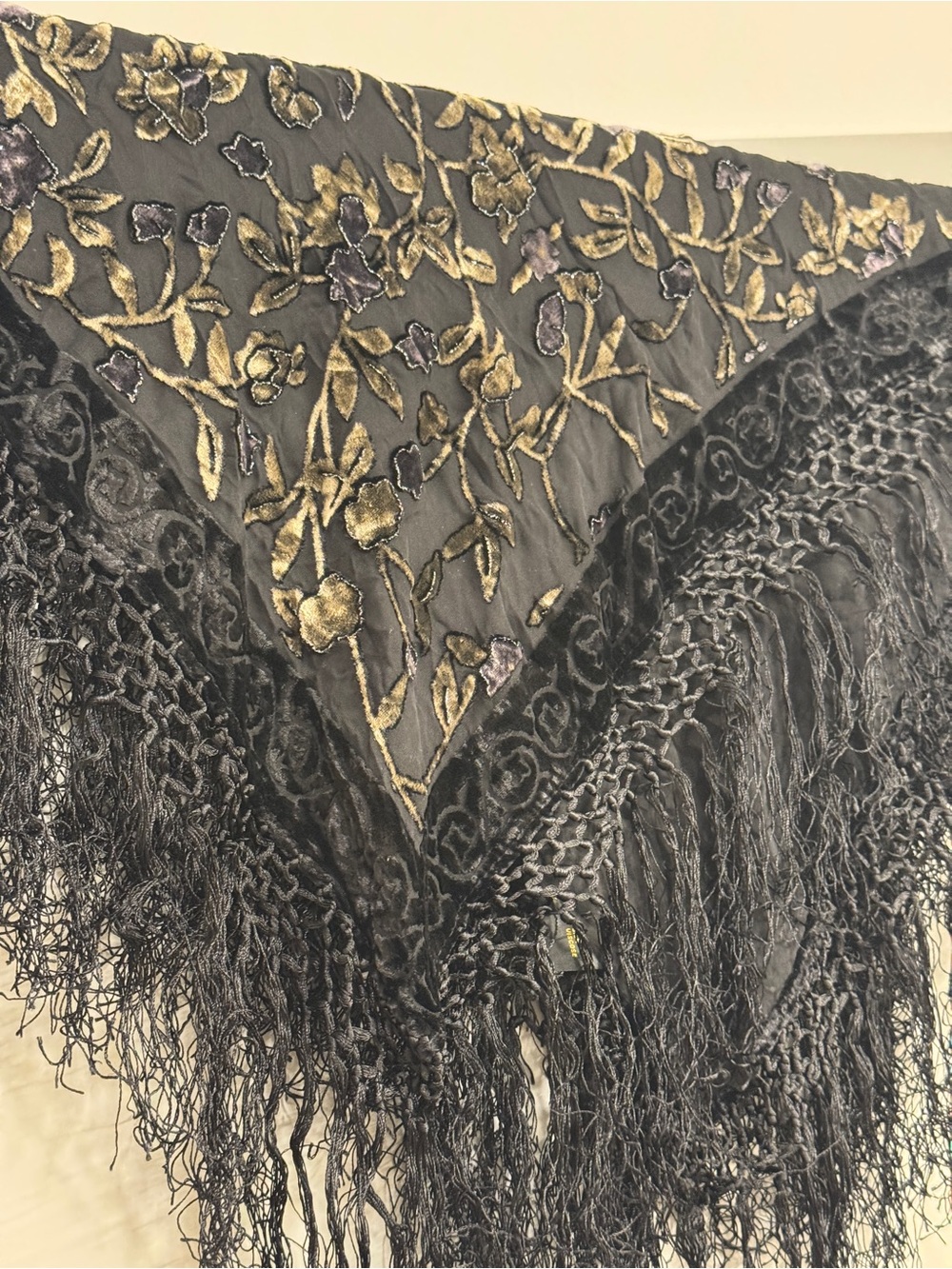 Black & Gold Floral Silk Blend Fringe Shawl Skirt Top Festival Whimsigoth Boho